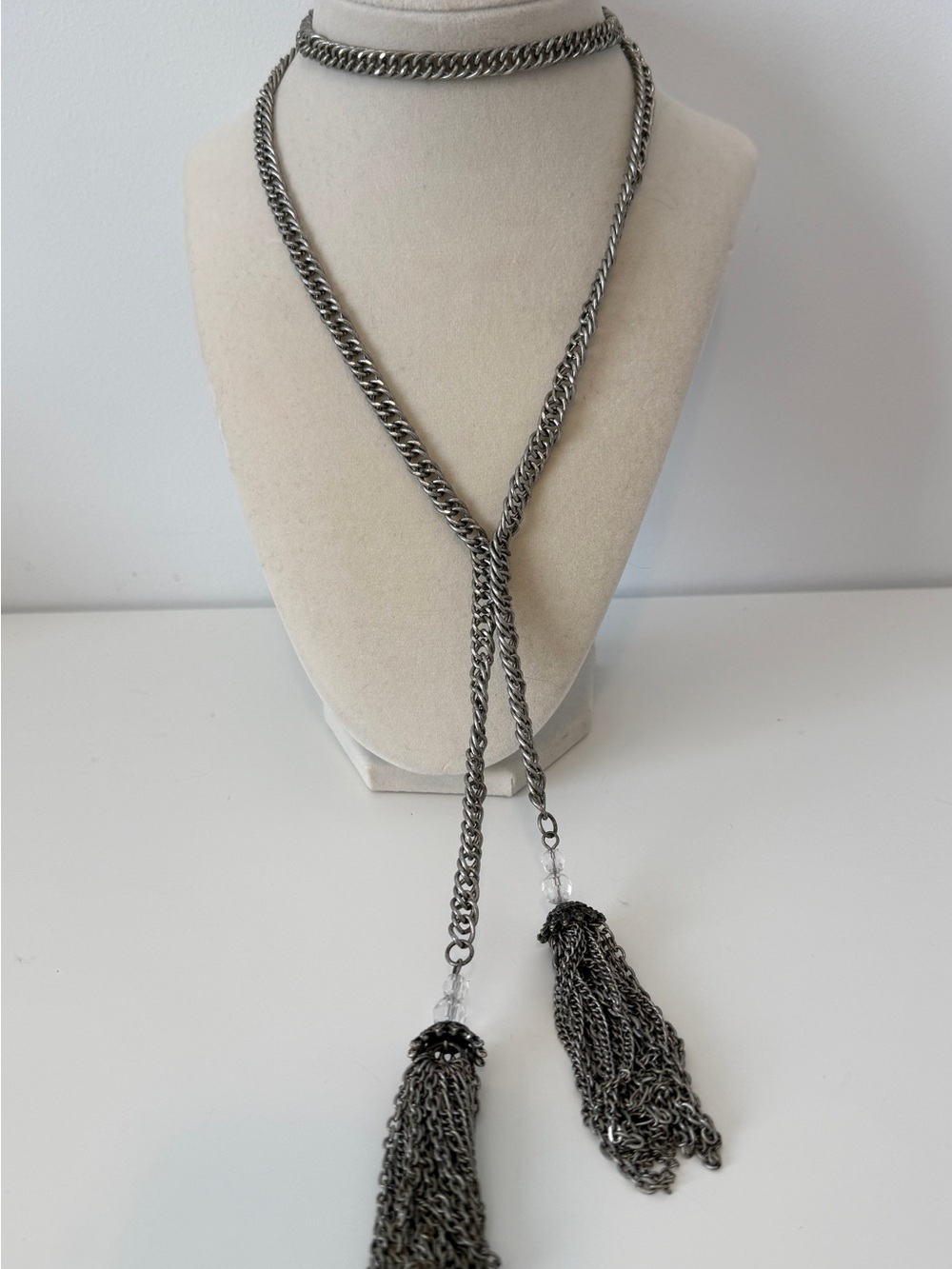 Sterling-Style Gunmetal Chain Lariat Necklace with Tassels